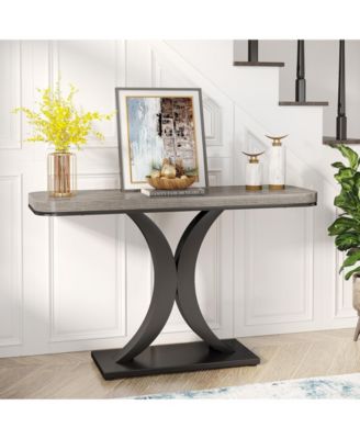 Modern Gold Console Table, 40 inch Narrow Entryway Foyer Table with Geometric Base, Rustic Hallway Accent Table for Living Room, Entrance