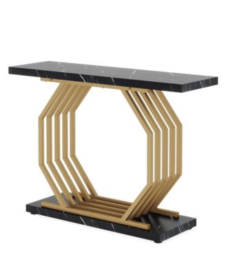 Gold Console Table, Faux Marble Entryway Narrow Sofa Table with Geometric Metal Base, 40 Inch Modern Accent Entrance Table