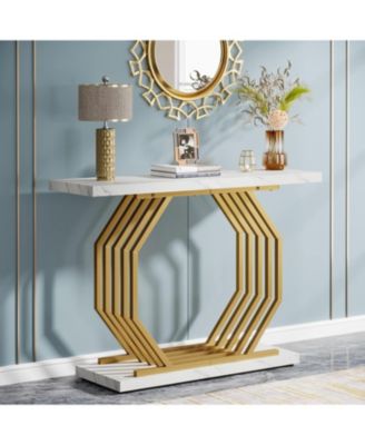 Gold Console Table, Faux Marble Entryway Narrow Sofa Table with Geometric Metal Base, 40 Inch Modern Accent Entrance Table