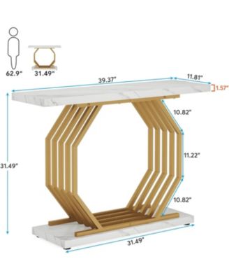 Gold Console Table, Faux Marble Entryway Narrow Sofa Table with Geometric Metal Base, 40 Inch Modern Accent Entrance Table