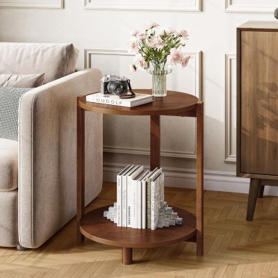 Solid Wood Side Table for Living Room, Small Round End Table with 2-Tier Storage