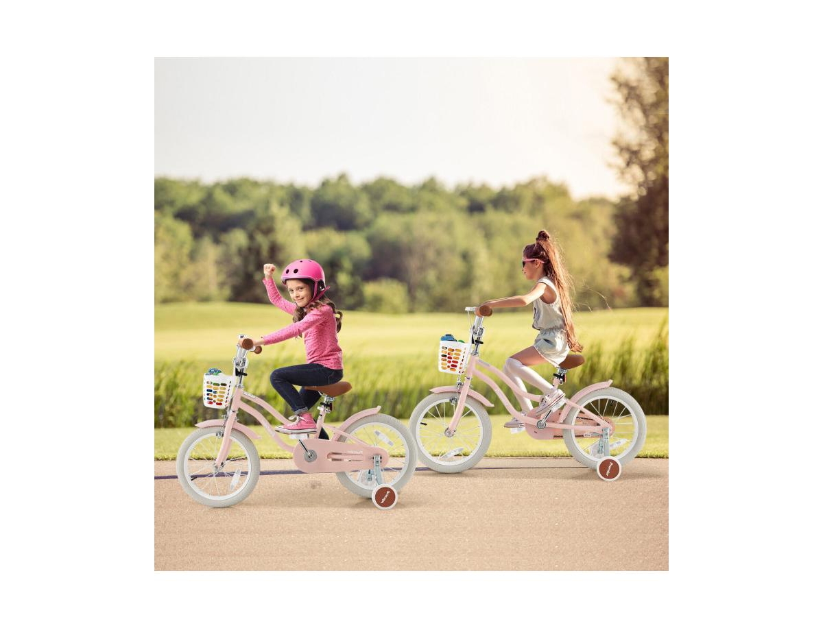Slickblue Kids Bike with Front Handbrake and 2 Training Wheels- Pink