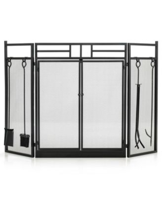 3-Panel Folding Wrought Iron Fireplace Screen with Doors and 4 Pieces Tools Set