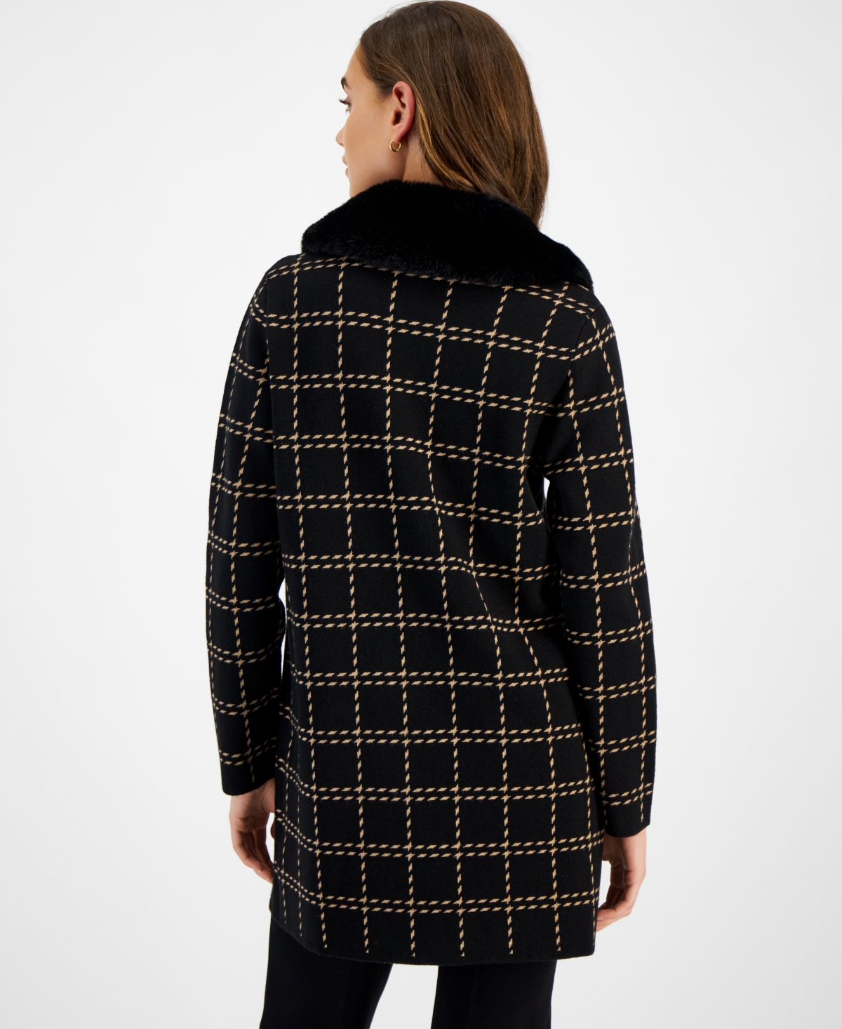 Kasper Women's Faux-Fur-Collar Knit Coat -Camel