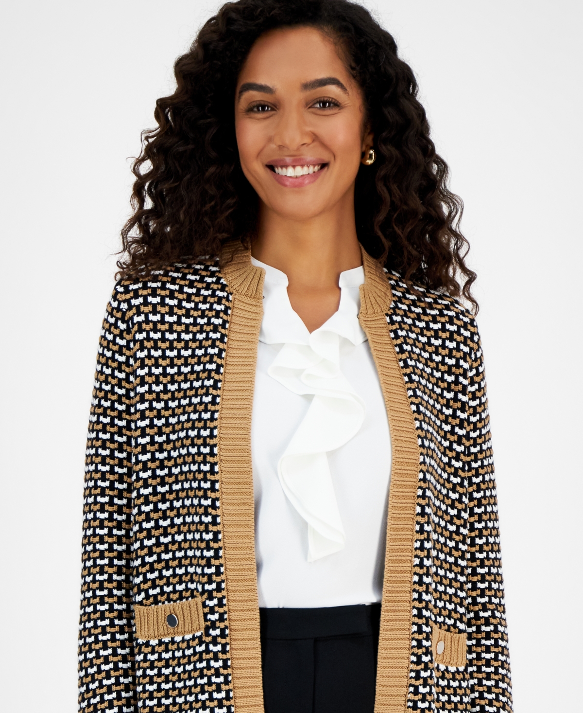 Kasper Petite Textured Border Long-Sleeve Cardigan