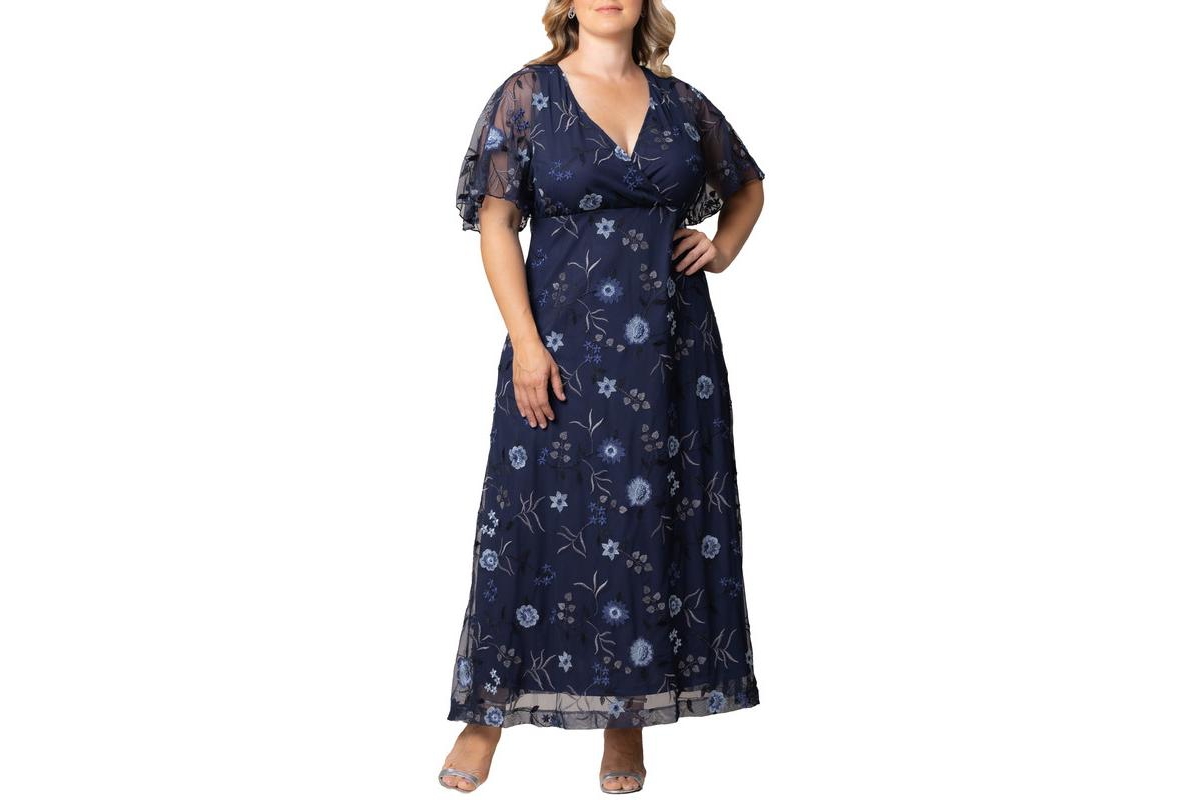 Kiyonna Women's Plus Size Embroidered Elegance Evening Gown - Twilight blooms