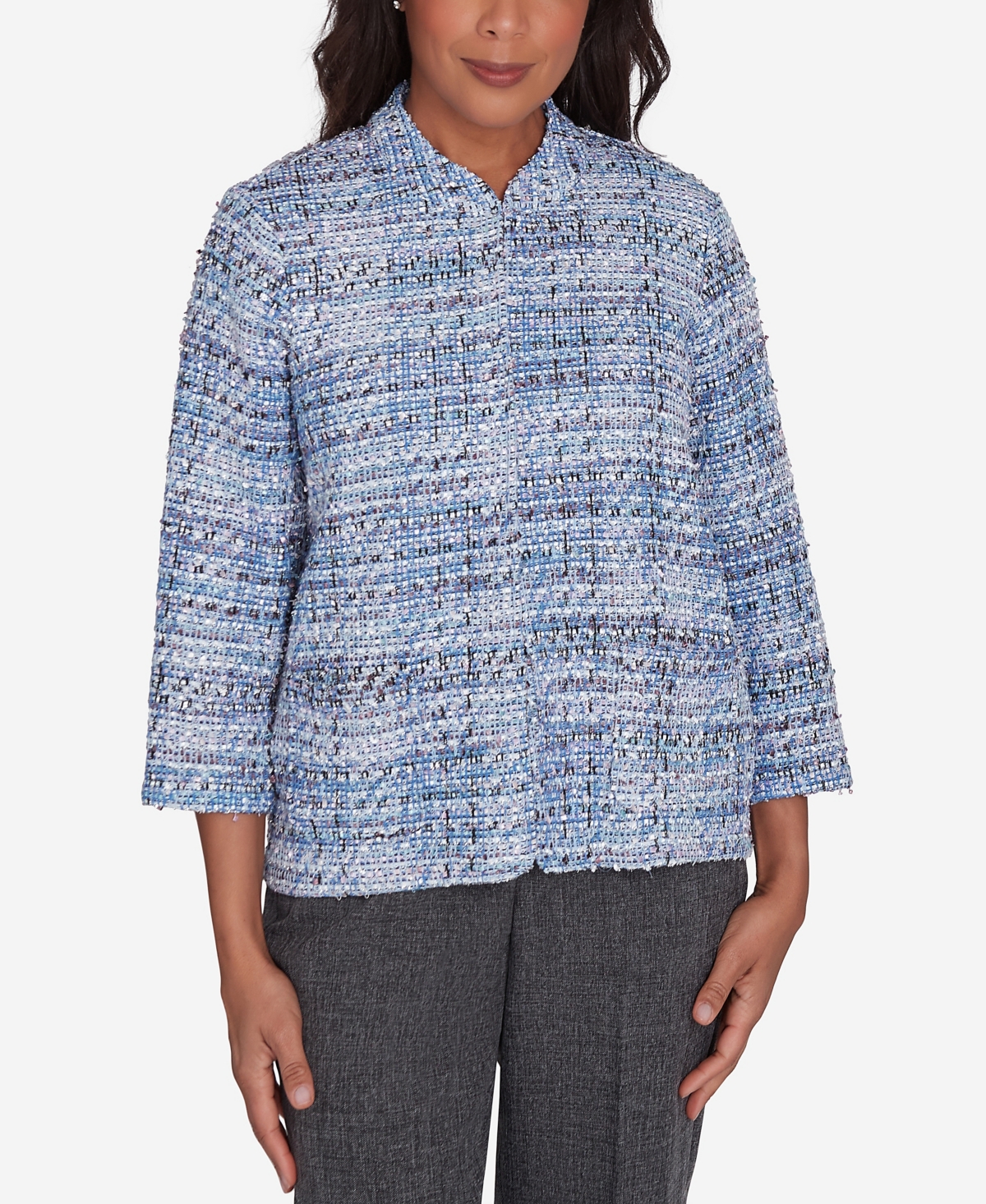 Alfred Dunner Worth Avenue Women s Eyelash Jacket with Two Pockets Multi Purple Smart Closet