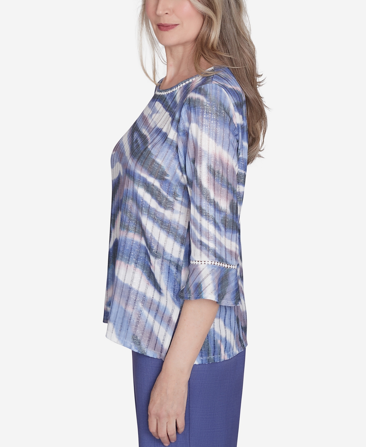 ALFRED DUNNER WOMEN'S WORTH AVENUE WATERCOLOR TOP WITH THREE QUARTER BELL SLEEVES 