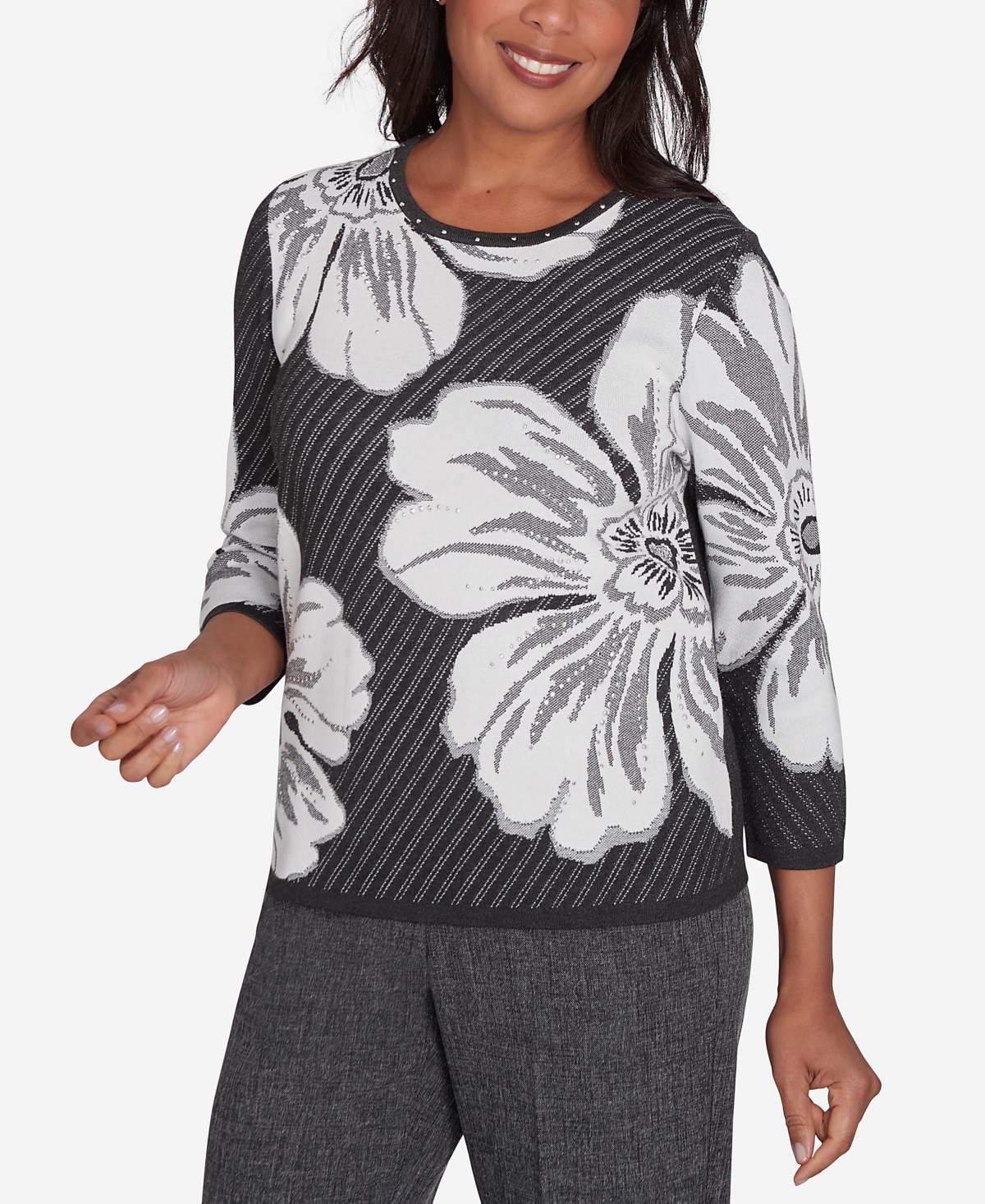 Alfred Dunner Women's Worth Avenue Floral Textured Sweater