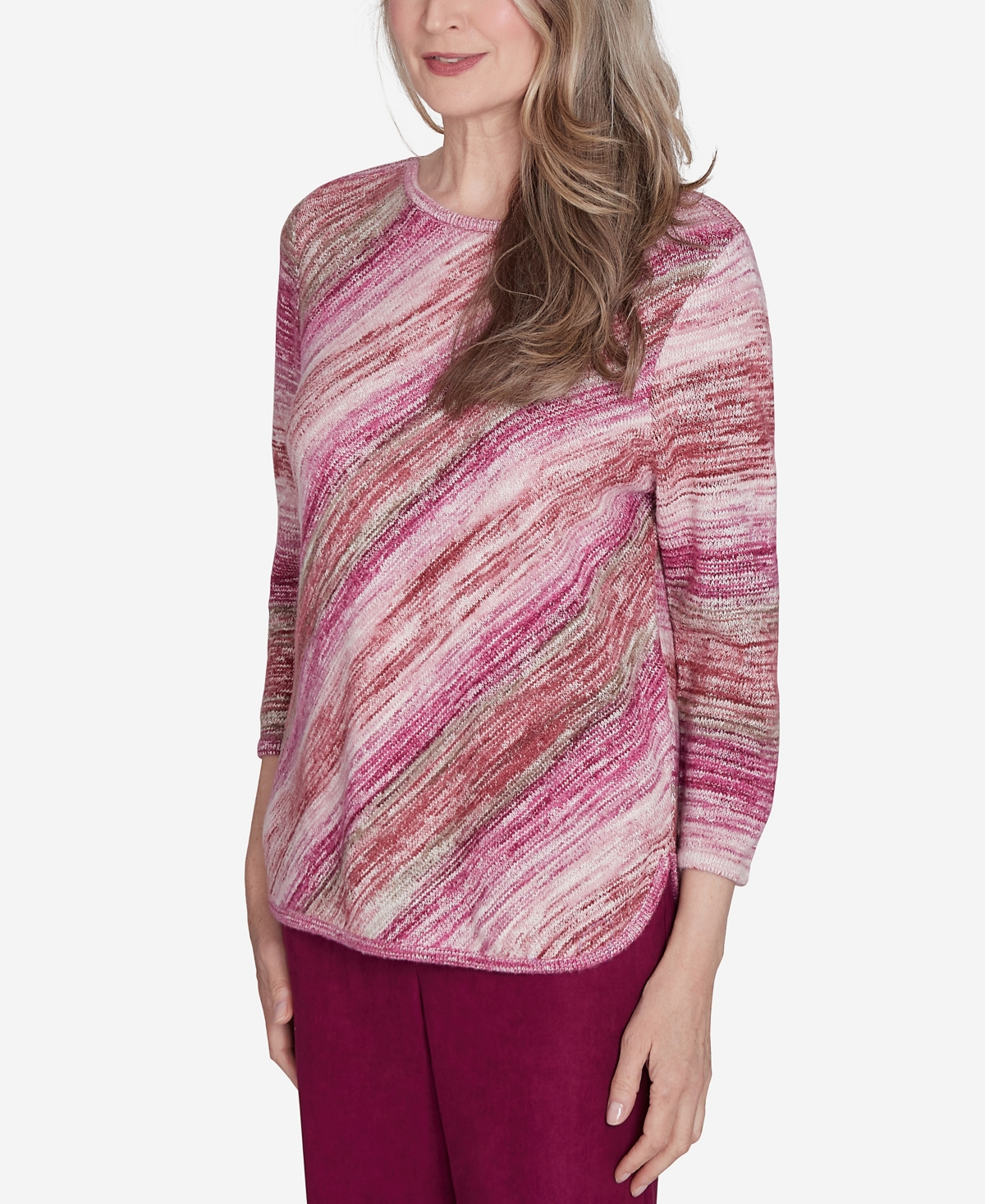 Alfred Dunner Women'sCountry Diagonal Space Dye Crew Neck Top - Wine