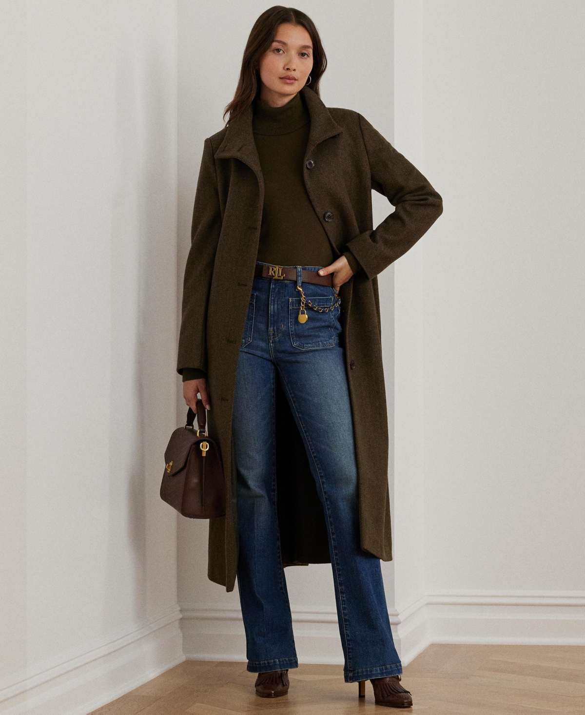 Lauren Ralph Lauren Women's Single-Breasted Stand-Collar Maxi Coat -Brown Herringbone