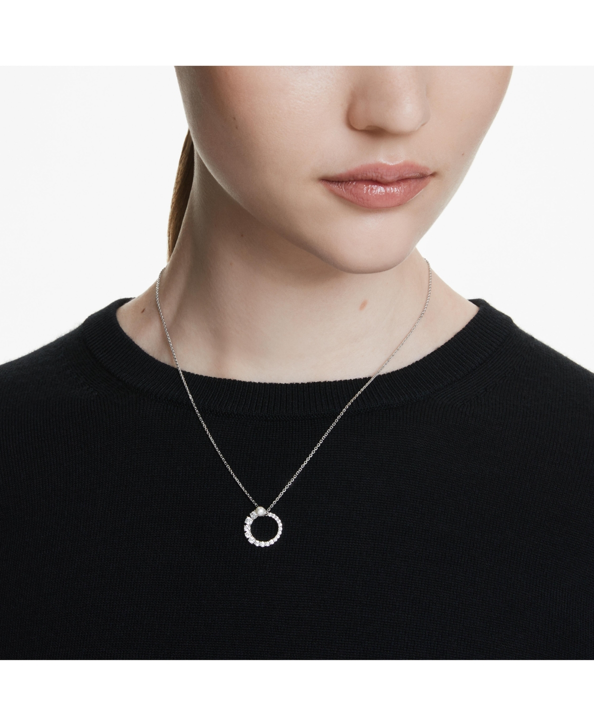 Swarovski Matrix Pendant, Crystal Pearl, Round Cut, White, Rhodium Plated Necklace In Silver