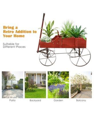 Wooden Wagon Plant Bed with Metal Wheels for Garden Yard Patio