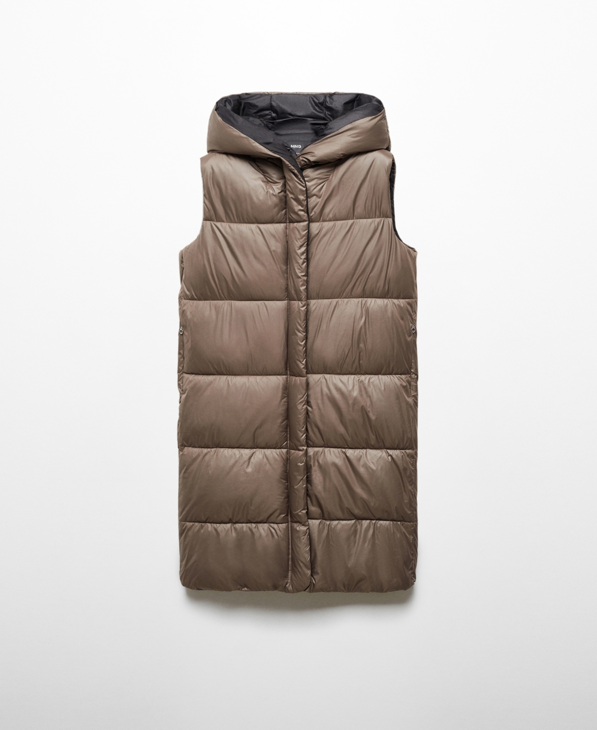 Mango Long Quilted Water Repellent Hooded Puffer Vest In Medium Brown