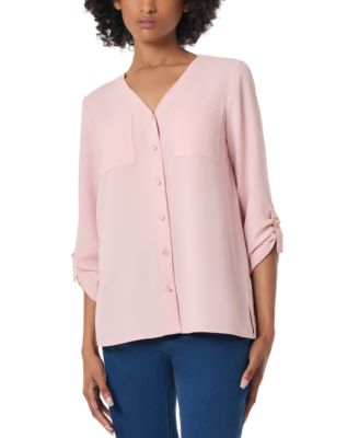 Jones New York - Petite Collarless V-Neck Tunic Blouse