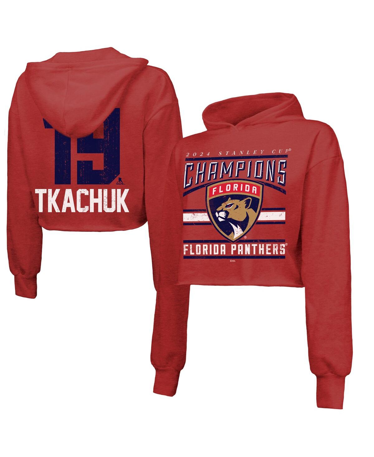 Women's Matthew Tkachuk Red Florida Panthers 2024 Stanley Cup Champions Cropped Tri-Blend Name Number Pullover Hoodie - Red