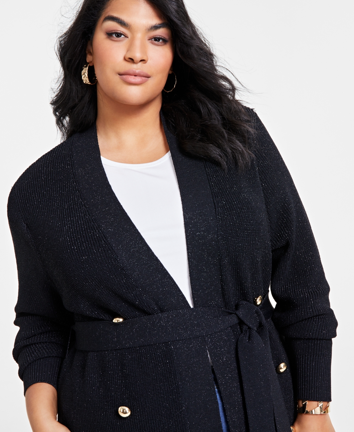 Inc International Concepts Plus Size Metallic Double-breasted Cardigan, Created For Macy's In Deep Black