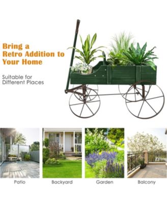 Wooden Wagon Plant Bed with Metal Wheels for Garden Yard Patio