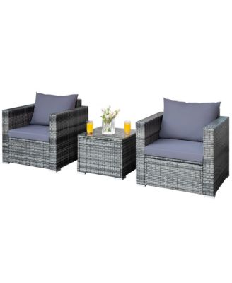 3PCS Rattan Patio Conversation Set Outdoor Furniture Set w/ Table Cushion