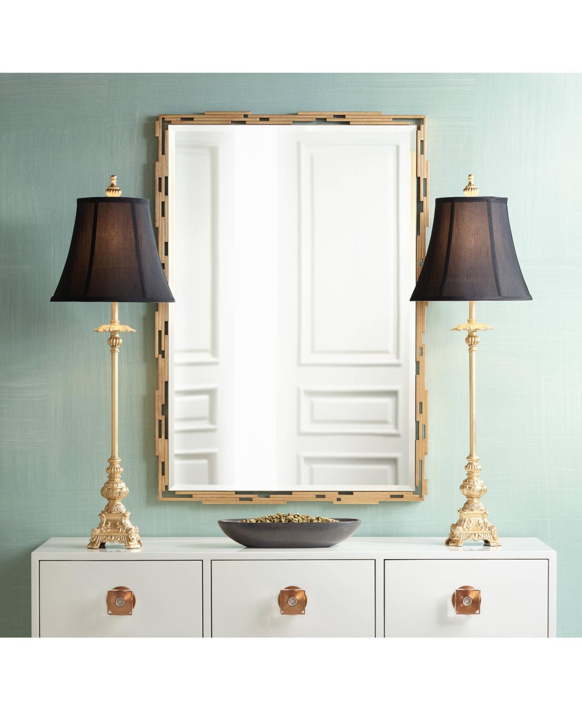 Regency Hill Juliette Traditional French Country Buffet Table Lamps Tall Skinny Set of 2 Glam Luxury StyleCandlestick Black Fabric Bell Sh