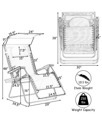 Folding Recliner Zero Gravity Lounge Chair W/ Shade Canopy Cup Holder Brown
