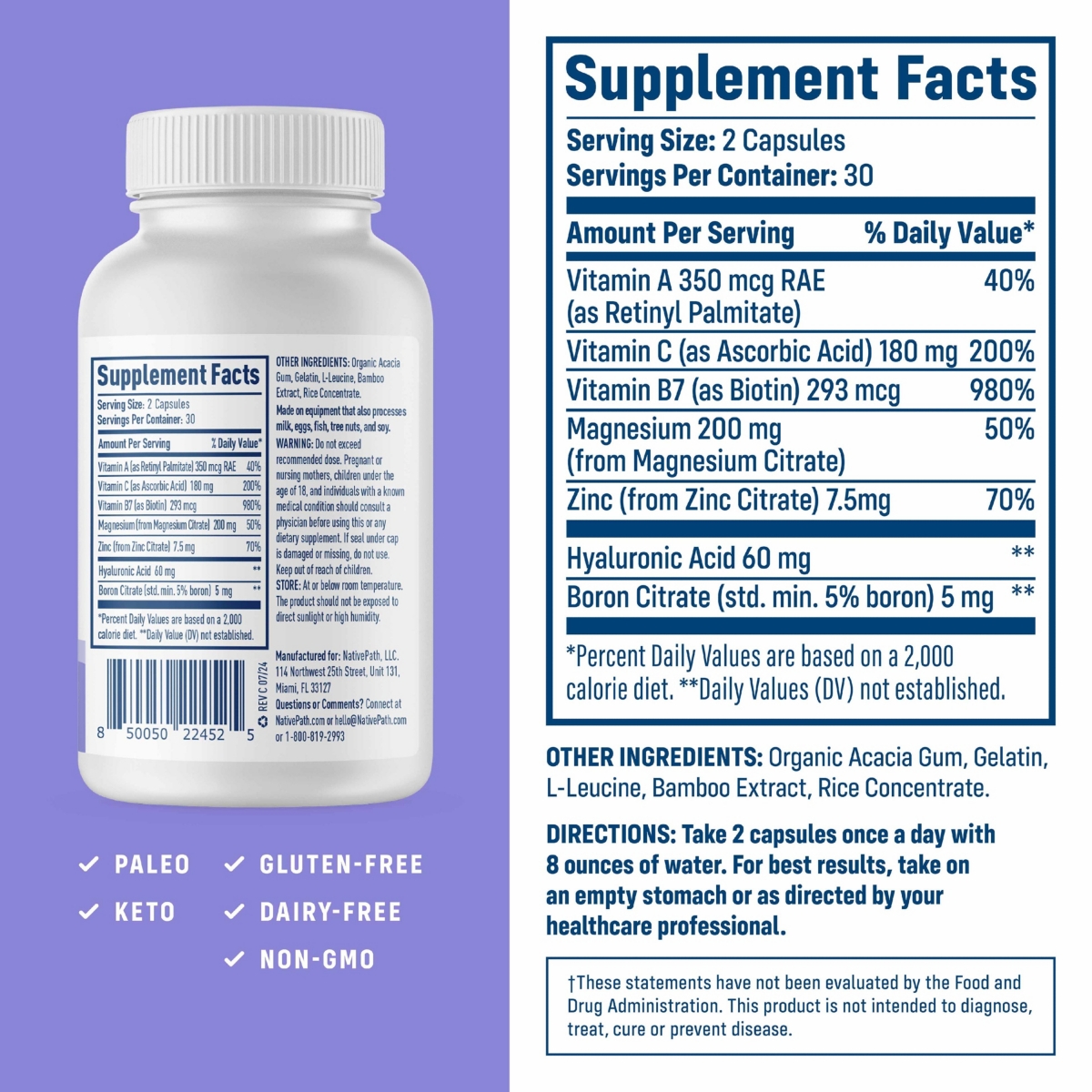 NativePath Collagen Care+, 5 Vitamin Blend with Hyaluronic Acid and Boron that Supports Collagen for Men and Women, 60 Capsules