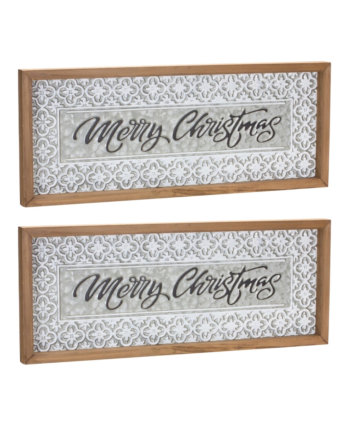 Set of 2 Ornate Metal Merry Christmas Signs for Festive Decor - White, Silver