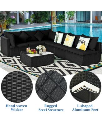 7 Pieces Sectional Wicker Furniture Sofa Set with Tempered Glass Top-Black