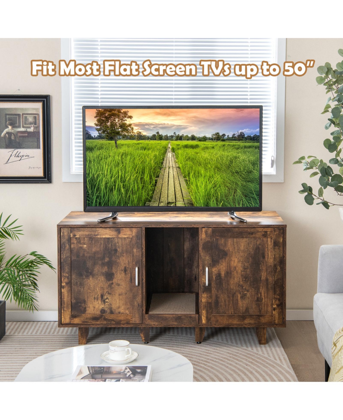 Sugift 2-Door Cat Litter Box Enclosure with Winding Entry and Scratching Board