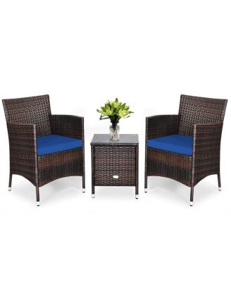 3 Pieces Ergonomic Wicker Patio Conversation Set-Navy
