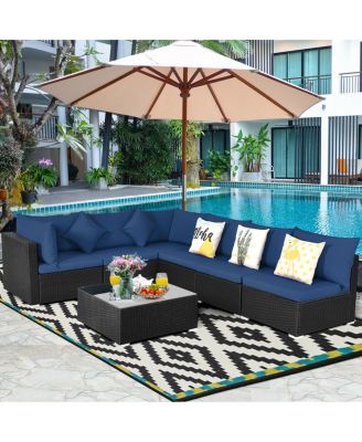 7 Pieces Sectional Wicker Furniture Sofa Set with Tempered Glass Top-Navy
