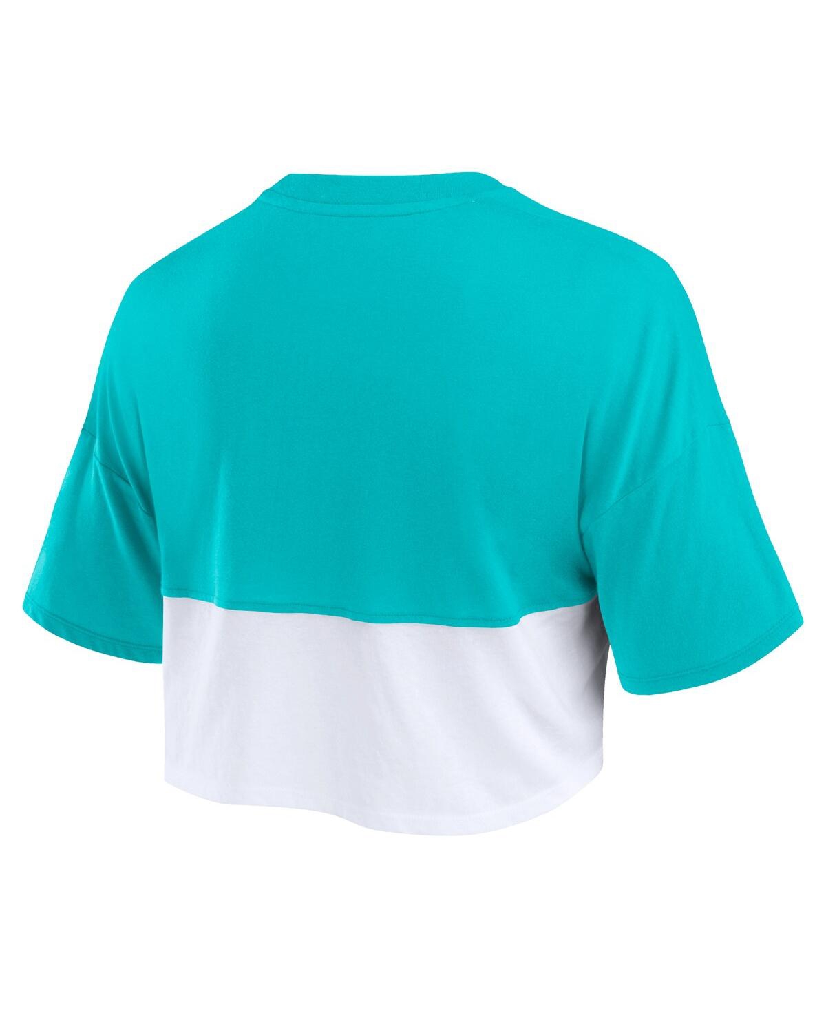 Fanatics Women's Aqua/white Miami Dolphins Boxy Color Split Cropped T-shirt In Aqua,white