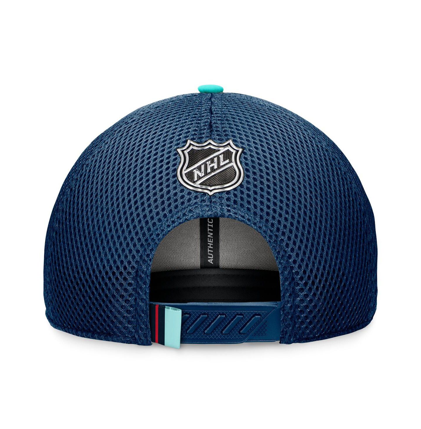 Мужская кепка Fanatics Deep Sea Blue Seattle Kraken 2024 NHL Draft on Stage Trucker Adjustable Hat — фото 3