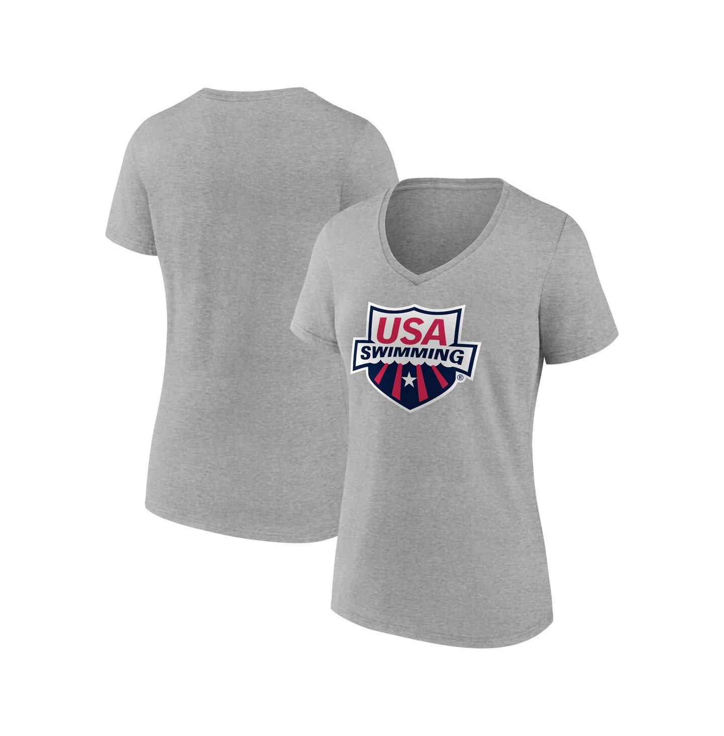 Женская футболка Fanatics Heather Gray USA Swimming Primary Logo V-Neck — фото 1
