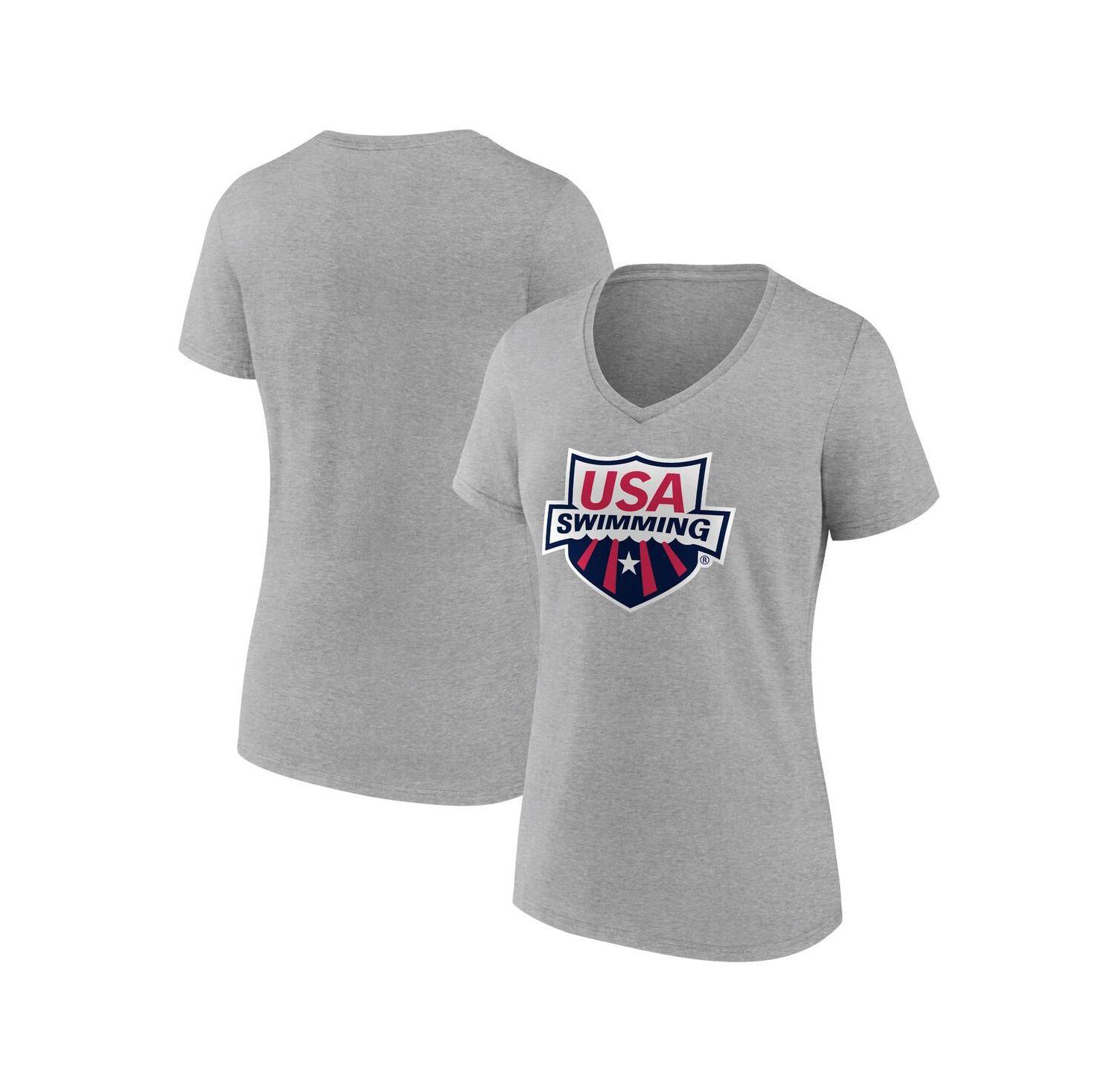 Women's Heather Gray USA Swimming Primary Logo V-Neck T-Shirt