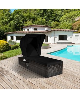 Set of 2 Rattan Patio Chaise Lounge Chair W/ Adjustable Canopy Black Cushion