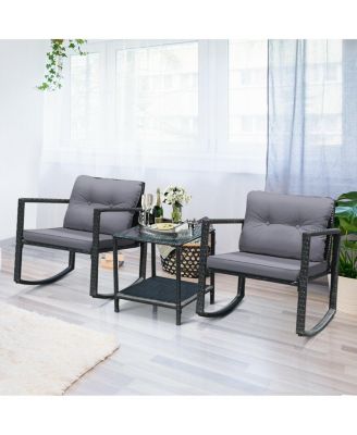 3 Pieces Cushioned Patio Rattan Set with Rocking Chair and Table-Grey