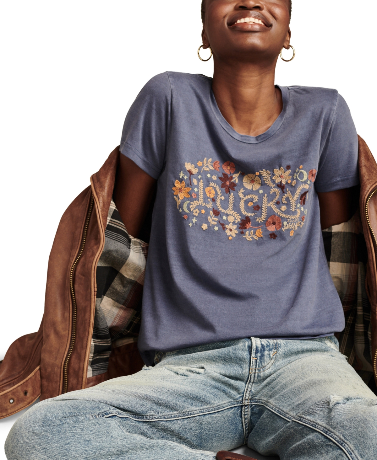 LUCKY BRAND WOMEN'S COTTON LUCKY FLORAL EMBROIDERED T-SHIRT 
