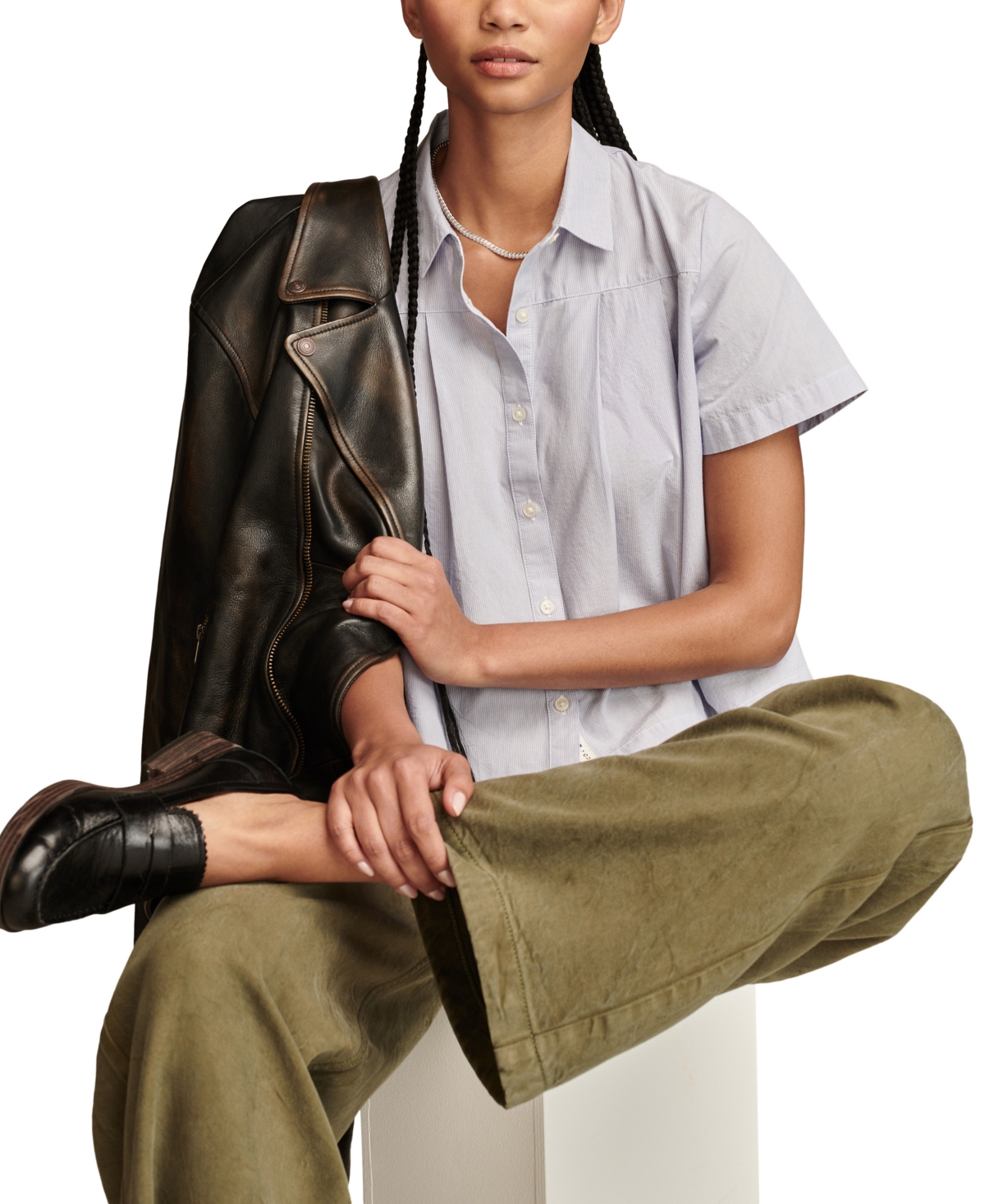 Lucky Brand Women's Striped Cotton Pleated Cropped Shirt