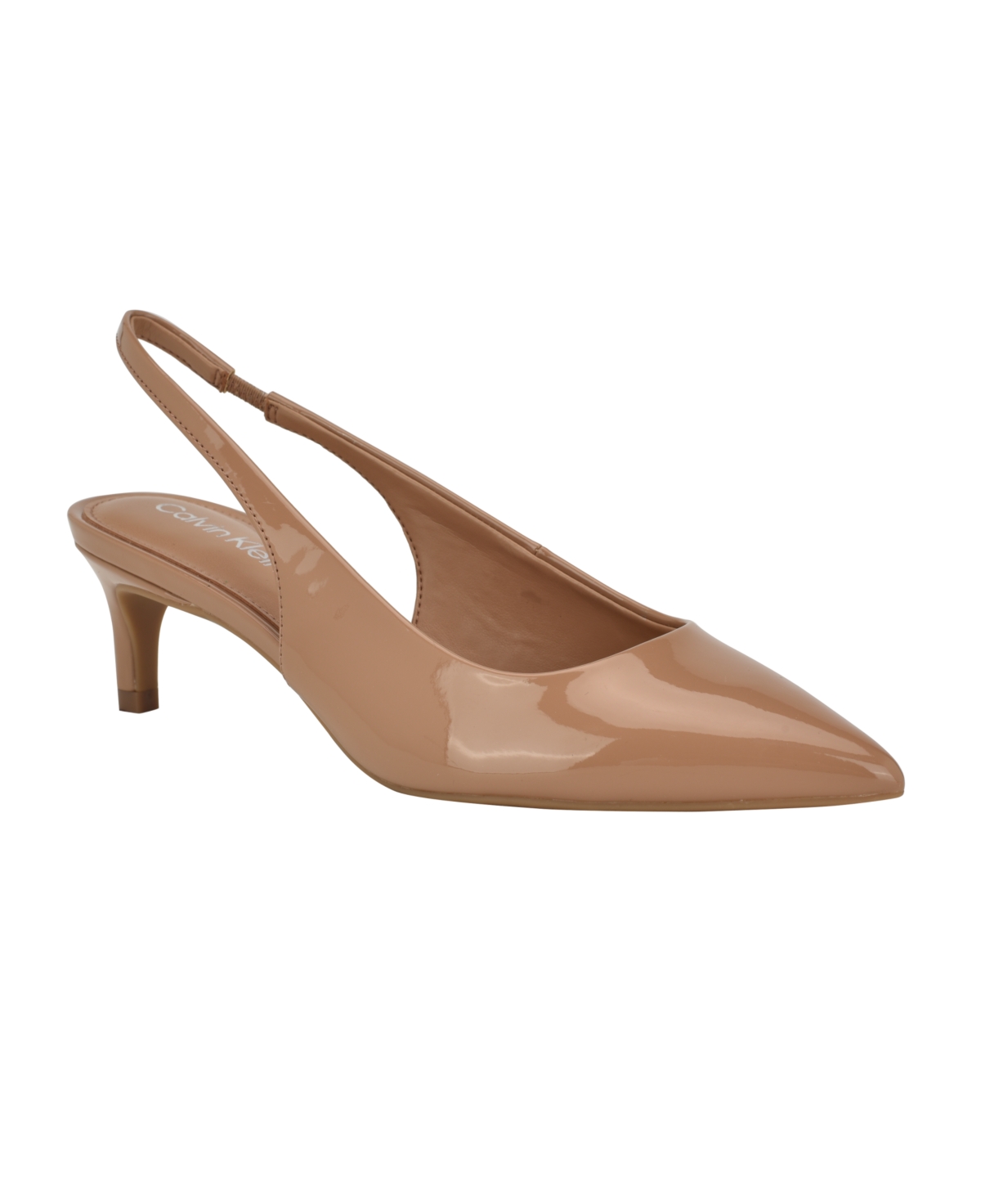 Calvin Klein Dainty Kitten Heel Pointed Toe Slingback Pump In Light Brown Patent