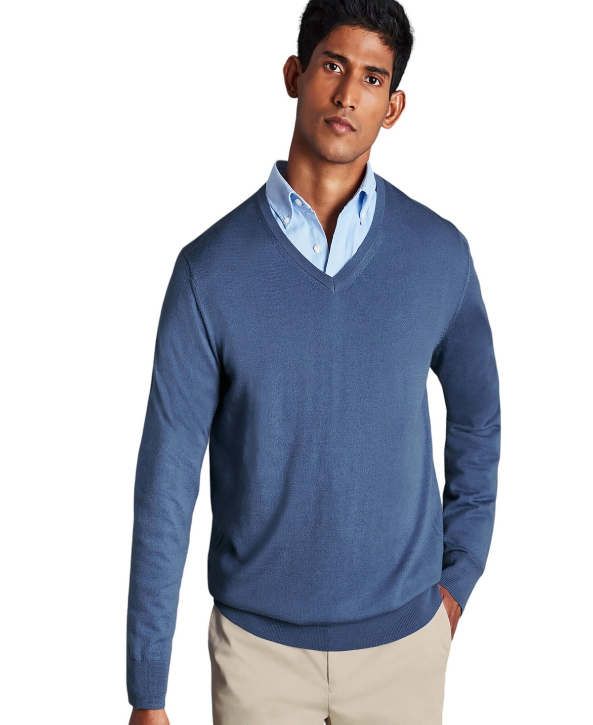 Men's Pure Merino V Neck Sweater - Steel blue