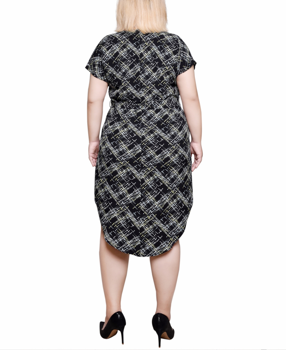 Shop Ny Collection Plus Size Short Sleeve Tunic Dress With Belt In Blue,green Crossline