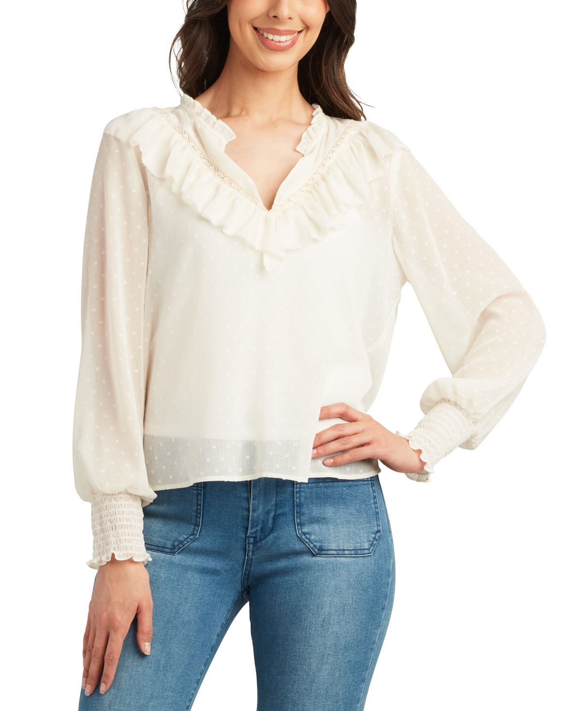 Bcx Juniors' Ruffle-Trim Clip-Dot Smocked-Cuff Blouse