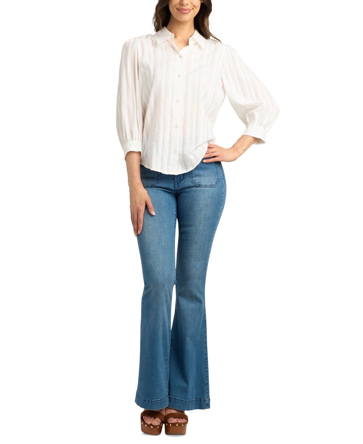 Bcx Juniors' Woven-Stripe 3/4-Puff Sleeve Blouse