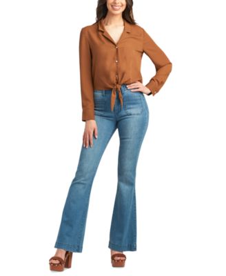 BCX - Juniors' Notch-Collar Tie-Front Long-Sleeve Top