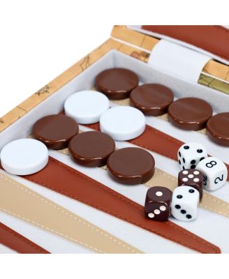 Tan Map Style Leatherette Backgammon Set, 14.75 x 9.75 in. closed