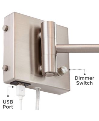 Vero Modern Swing Arm Wall Lamp Brushed Nickel Plug-in Light Fixture with USB Charging Port White Drum Shade for Bedroom Bedside Reading