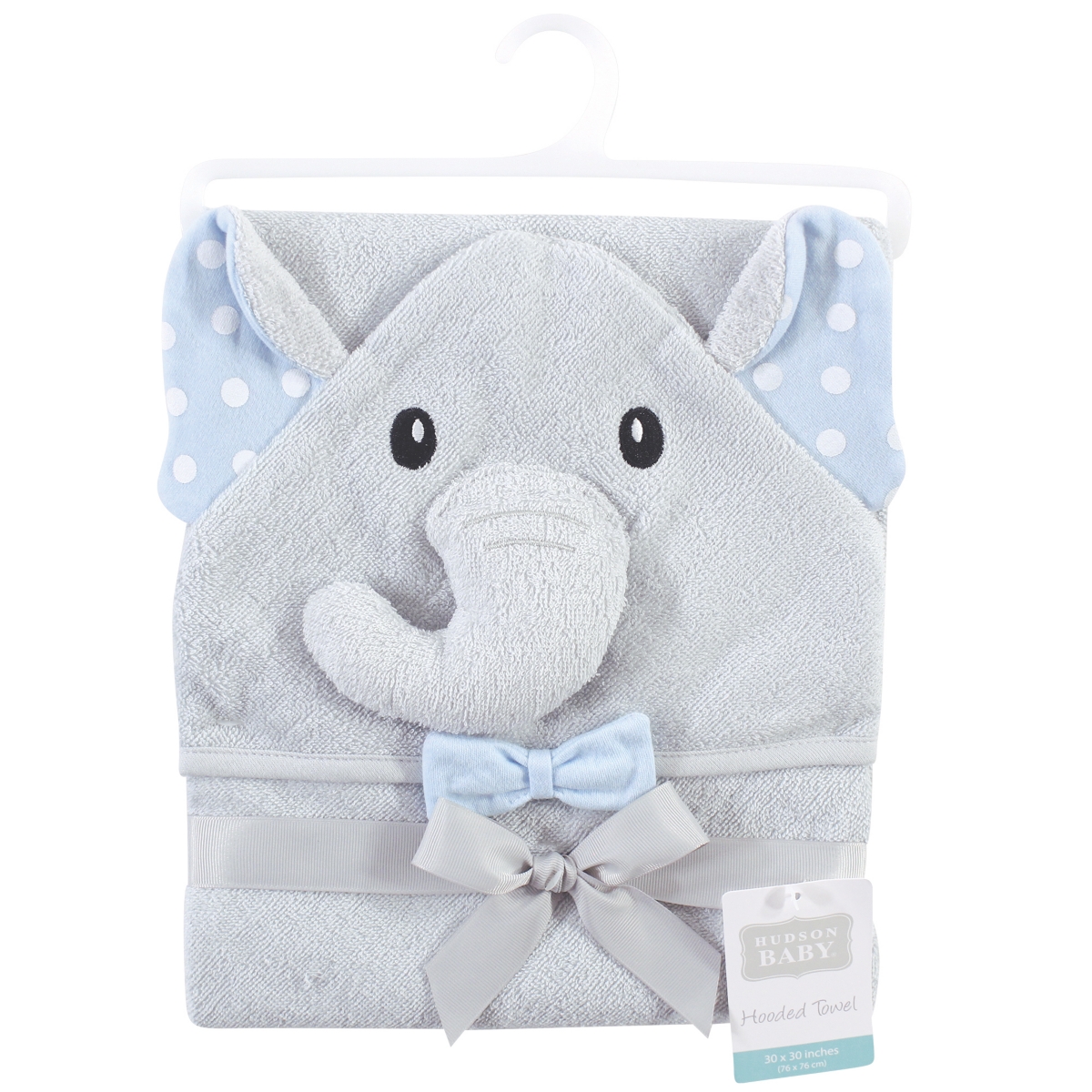 Hudson Baby Infant Boy Cotton Rich Animal Hooded Towel, One Size - White dots gray elephant