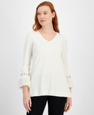 Anne Klein - Women's Faux Fur Trim Sweater