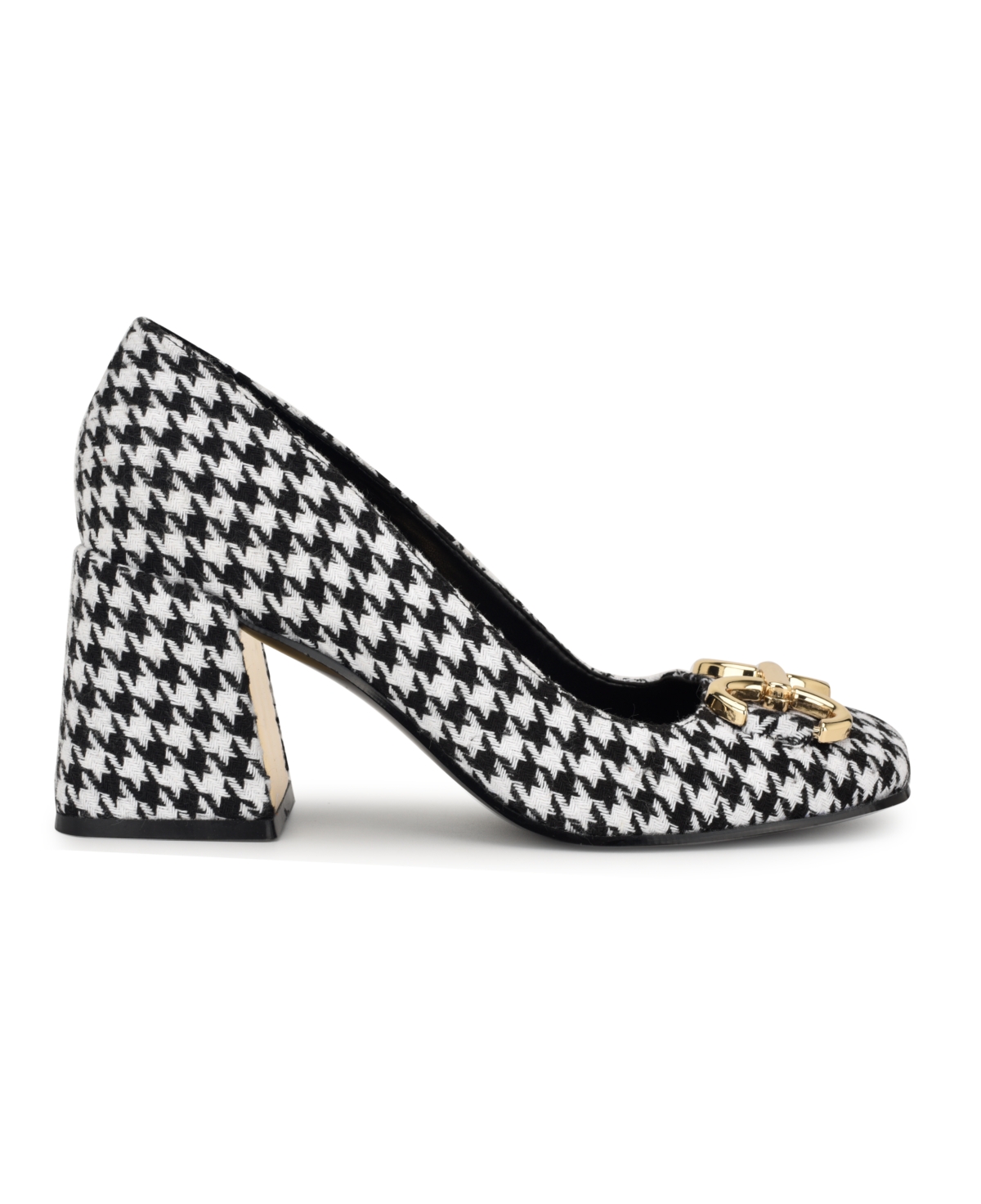 Nine West Women's Caven Square Toe Block Heel Dress Pumps -White Houndstooth